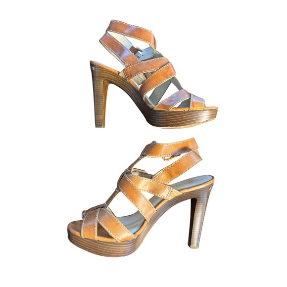 Coach Stefanie Vacchetta Camel Leather High Heeled‎ Strappy Sandal Shoes Sz 9.5B - Picture 2 of 10